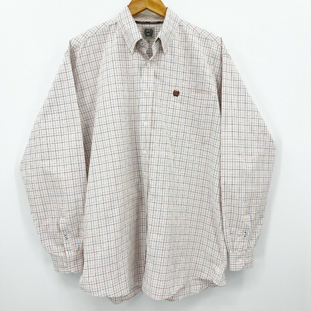 Cinch Plaid White Blue Orange Cotton Button Down Casual Dress Shirt